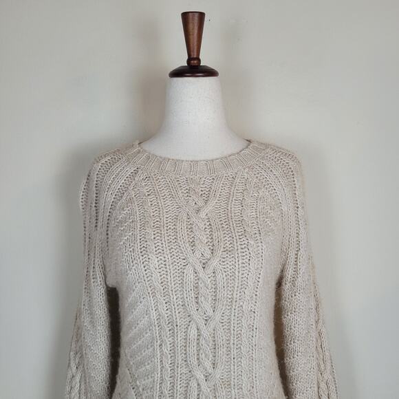 Banana Republic Sweater Small Tan Cable Knit Fringe Western Boho Wool Alpaca - Picture 3 of 10